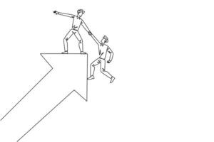 Single continuous line drawing businessman helps colleague climb rising arrow symbol. Compact team work. Positive effect on the company. Complete work correctly. One line design illustration vector