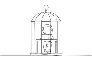 Single one line drawing astronaut trapped in the cage sitting and typing on laptop computer. Tiring routine. Unhappy astronaut with the many deadline. Continuous line design graphic illustration vector