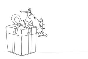 Single continuous line drawing Arab businessman helps colleague climb big gift box. Integrated teamwork to reach the highest level for rewards. Helping each other. One line design illustration vector