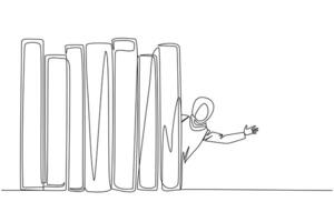 Single one line drawing Arabian woman appears from behind a row of books. Invitation to read books at the library. Like to reading a book. Book festival concept. Continuous line graphic illustration vector