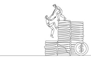 Continuous one line drawing businessman helps colleague climb pile of coins. Metaphors help achieve financial targets before entering retirement. Teamwork. Single line draw design illustration vector