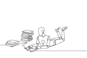 Single continuous line drawing smart robot really likes reading. Everyday one book is read. Good habit. There is no day without reading book. Book festival concept. One line design illustration vector