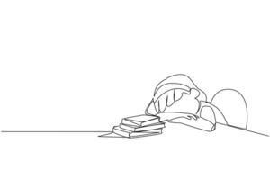 Single one line drawing girl asleep at the table where there were piles of books. Tired after successfully finishing the favorite reading book. Love read. Continuous line design graphic illustration vector