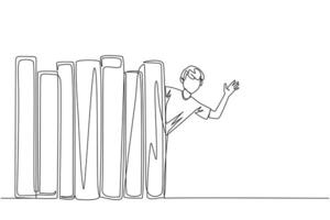 Continuous one line drawing man appears from behind a row of books. Invitation to read books at the library. Like to reading a book. Book festival concept. Single line draw design illustration vector