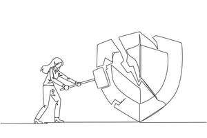 Continuous one line drawing businesswoman preparing to hit shield. Rampage. System is undermined by business competitor. Unfair competition. Virus attack. Single line draw design illustration vector