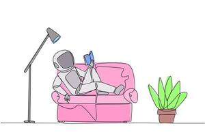 Single continuous line drawing astronaut sitting stretched out on sofa reading book. Really like content of the book reading on each page. Impressive. Love read. One line design illustration vector