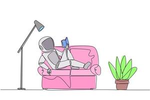 Single continuous line drawing astronaut sitting stretched out on sofa reading book. Really like content of the book reading on each page. Impressive. Love read. One line design illustration vector