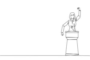 Single continuous line drawing young businesswoman speak at the podium by clenching fists at head height. Doing oration. Leadership concept. Burning the spirit. One line design illustration vector