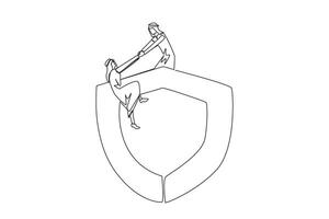 Single one line drawing Arabian businessman helps colleague climb the big shield. Teamwork keeps colleagues safe from evil businessman. Helping each other. Continuous line design graphic illustration vector