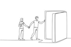 Single continuous line drawing man woman open the book-shaped door. Books can open mind and see everywhere. Increase knowledge about the wider world. Book festival. One line design illustration vector