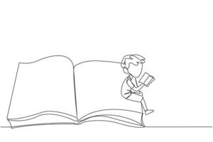 Single one line drawing serious boy sitting on the edge of a large open book. Study before exam time arrives. Read textbooks with focus. Reading is fun. Continuous line design graphic illustration vector