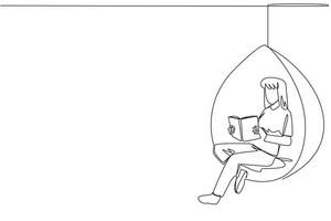 Single one line drawing woman sitting relaxed in a hanging chair reading a book. Spending the weekend reading the favorite fiction story book. Love reading. Continuous line design graphic illustration vector
