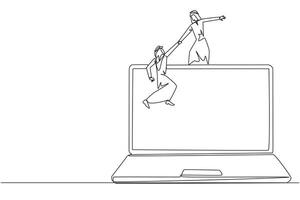 Continuous one line drawing Arabian businessman helps colleague to climb a big laptop. Help create applications to develop business online. Great teamwork. Single line draw design illustration vector