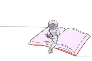 Single continuous line drawing astronaut sitting reading on a large flying book. Relax reading like on a carpet flying into the sky. Cosmic galaxy outer space. One line design illustration vector