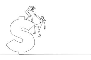 Single one line drawing businesswoman helps colleague climb the big dollar symbol. Desire to develop business together. Super great teamwork. Cohesiveness. Continuous line design graphic illustration vector