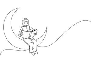 Single one line drawing Arab man sitting on crescent moon reading a book. Metaphor of reading a fairy story before sleeping. Read until late. Love reading. Continuous line design graphic illustration vector