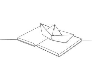 Continuous one line drawing paper boat on top of an open book. Metaphor of sailing the ocean by reading book. Looking towards the open sea. Book festival. Single line draw design illustration vector