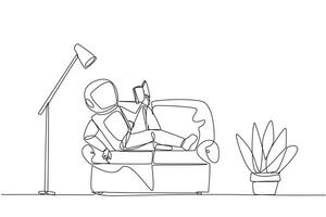 Single continuous line drawing astronaut sitting stretched out on sofa reading book. Really like content of the book reading on each page. Impressive. Love read. One line design illustration vector