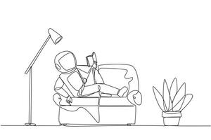 Single continuous line drawing astronaut sitting stretched out on sofa reading book. Really like content of the book reading on each page. Impressive. Love read. One line design illustration vector