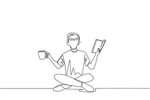 Single one line drawing clever man sitting cross-legged reading book. Accompanied by mug of coffee to make reading more interesting. Knowledge. Calmness. Continuous line design graphic illustration vector