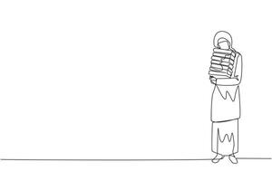 Single continuous line drawing Arabian woman standing hugging some books. Favorite book that finish reading. Some books will be donated to national library. Charity. Knowledge. One line design vector