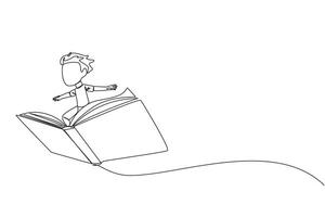 Single continuous line drawing boy standing on a large flying open book. Like riding a cloud, able to fly as high as possible. Reading increases insight. Love read. One line design illustration vector