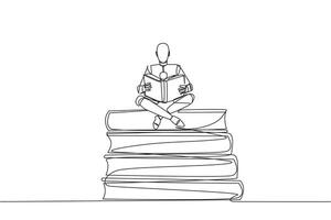 Continuous one line drawing robot sitting relax reading book on pile of books. Relax while reading fiction book. Enjoy storyline. Book festival concept. Single line draw design illustration vector