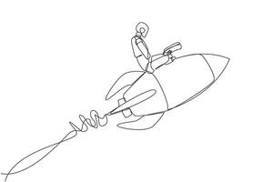 Single continuous line drawing smart robotic flying on a rocket reading book. Always reading books anywhere. The book inspires to become scientist. Book festival. One line design illustration vector