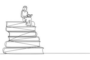 Continuous one line drawing Arabian man sitting on pile of books reading book. High interest in reading. Opening horizons of thinking. Book festival concept. Single line design illustration vector