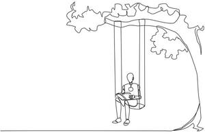 Continuous one line drawing robot sitting on a swing attached to a tree reading a book. Really enjoyed the storyline of the fiction book. Book festival. Single line draw design illustration vector