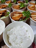 High angle view of food in bowls on table photo