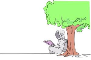 Single continuous line drawing astronaut sitting reading book under shady tree. Continuing second volume of the fiction story book. Enjoy reading. Book festival. One line design illustration vector