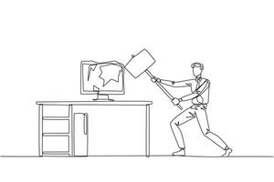 Single continuous line drawing businessman preparing to hit the computer monitor on the work desk. Stocks that don't rise. Didn't get any profit. Anger escalated. One line design illustration vector