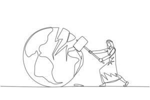 Single continuous line drawing Arabian businessman preparing to hit the big globe. Disappointed with the world. Businesses fall apart before it grow. Deepest anger. One line design illustration vector