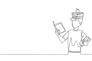 Single one line drawing man reading book practicing balance. Stack books on top of head along with the apple. Balancing reading rhythm, train focus. Read. Continuous line design graphic illustration vector