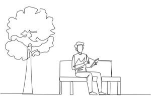 Continuous one line drawing man sitting on park bench reading book. Learn by re-reading textbook. Read to get maximum marks. Reading increase insight. Single line draw design illustration vector