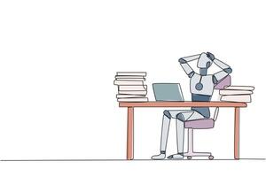 Continuous one line drawing smart robot sitting on office chair. Curious to see stock price on a laptop screen that don't increase. Stressful robotic. Tech. Single line draw design illustration vector