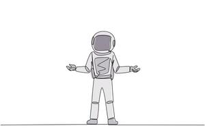 Continuous one line drawing young astronaut standing straight with open arms. Lonely and sadness astronaut lamenting undeveloped business. Unhappy manager. Single line draw design illustration vector