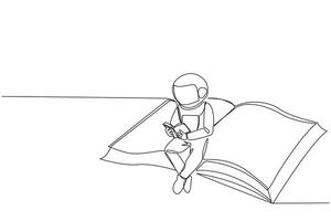 Single continuous line drawing astronaut sitting reading on a large flying book. Relax reading like on a carpet flying into the sky. Cosmic galaxy outer space. One line design illustration vector
