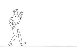 Single continuous line drawing man walking while reading a book. The gesture of memorizing something from a book. Read anywhere. Addicted to reading. Book festival. One line design illustration vector