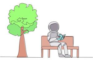 soltero uno línea dibujo astronauta sentado en parque banco leyendo libro. aprender por releyendo libro de texto. leer a obtener máximo marcas. leyendo incrementar conocimiento. continuo línea diseño gráfico ilustración vector