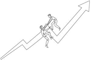 Continuous one line drawing businessman helps colleague to climb the rising arrow symbol. Help each other to achieve satisfactory targets. Grow together. Single line draw design illustration vector