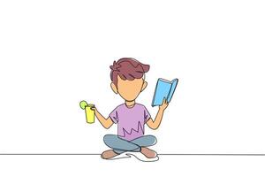 Continuous one line drawing boy sitting cross-legged reading book. Accompanied by glass of orange juice to make reading more interesting. Knowledge. Freshness. Single line design illustration vector