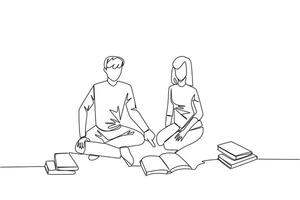 Single continuous line drawing man woman reading books happily. Good reading interest. Really enjoy reading story books. Reading everywhere. Book festival concept. One line design illustration vector