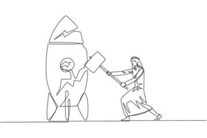 Single continuous line drawing Arabian businessman preparing to hit a standing rocket. Rampage. Not ready to accept new technology. Not ready for competition. Lost. One line design illustration vector