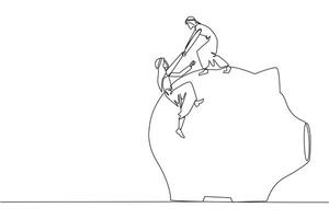 Single one line drawing Arab businessman helps colleague climb piggy bank. Remind each other in kindness. Investment for the future. Super great teamwork. Continuous line design graphic illustration vector