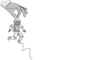 Single continuous line drawing big hand holding young astronaut. Workplace moving metaphor. Position transfer. Level up. Have bigger responsibilities. Successful. One line design illustration vector
