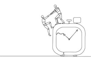 Continuous one line drawing smart robot helps colleague climb big alarm clock. Helping coworkers. Deadline is coming. Work together for better end result. Single line draw design illustration vector