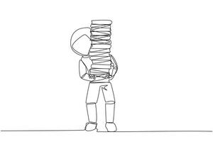 Single continuous line drawing astronaut carrying tall stack of books covering itself. Newly purchase book from bookstore. Read books one by one at home. Reading. One line design illustration vector