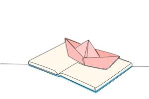 Continuous one line drawing paper boat on top of an open book. Metaphor of sailing the ocean by reading book. Looking towards the open sea. Book festival. Single line draw design illustration vector